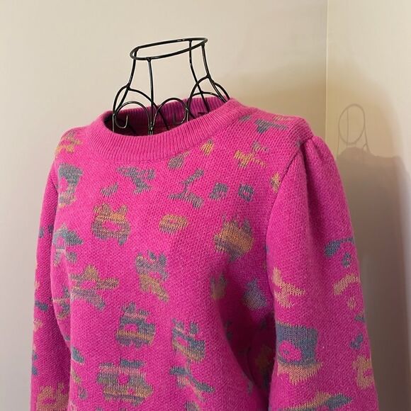 FATE PINK LEOPARD PUFF SLEEVE SWEATER | size M - Picture 4 of 10